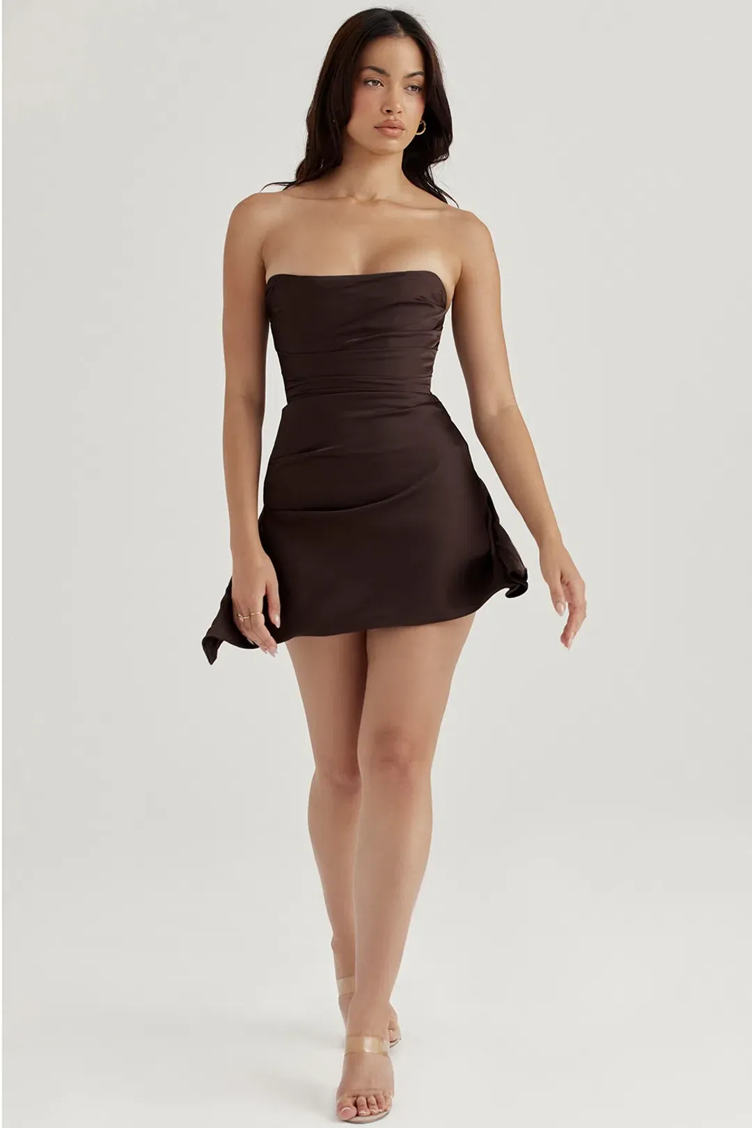 House of CB Jasmine Draped Strapless Corset Mini Dress in Chocolate Brown Size L / AU 12 for rent on The Volte - main image