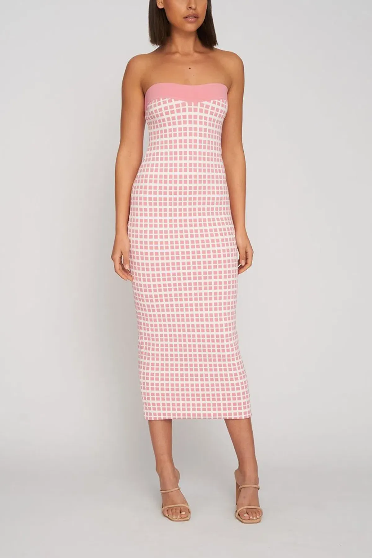 By Johnny Isabella Check Knit Midi Dress in Pink Size 8 for rent on The Volte - main image