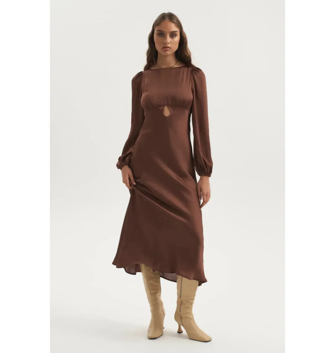 Ownley Bethenny Bias Backless Dress Chocolate Size AU 6 for rent on The Volte - main image