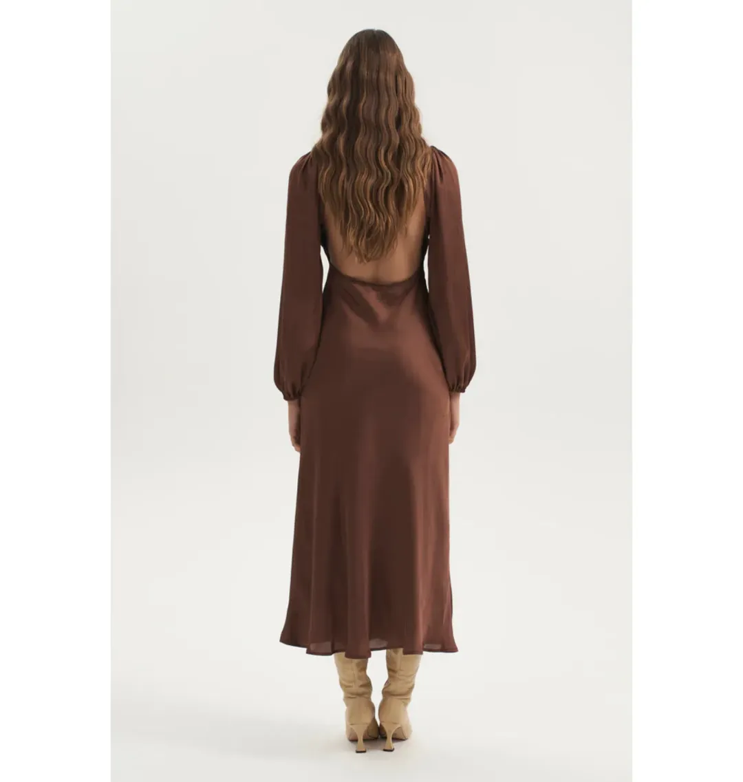 Ownley Bethenny Bias Backless Dress Chocolate Size AU 6 for rent on The Volte - main image