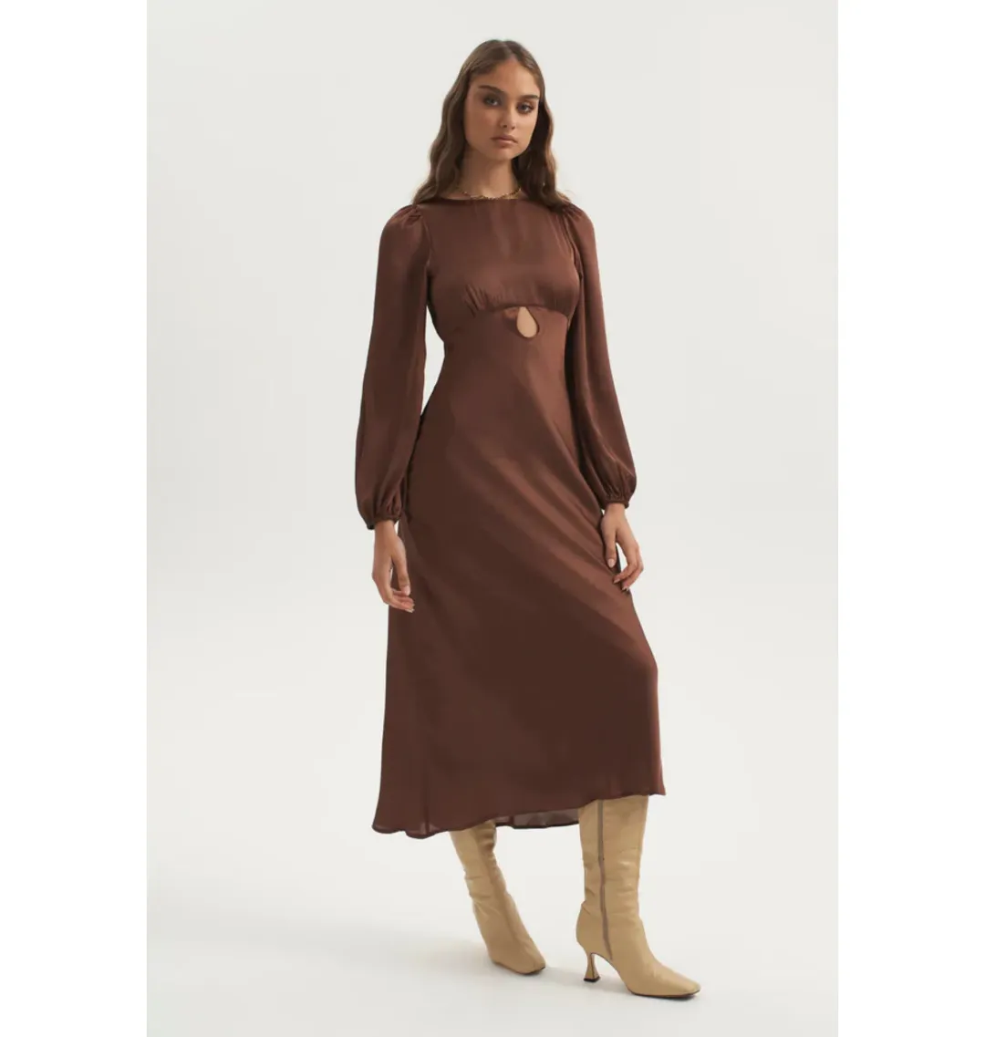 Ownley Bethenny Bias Backless Dress Chocolate Size AU 6 for rent on The Volte - main image