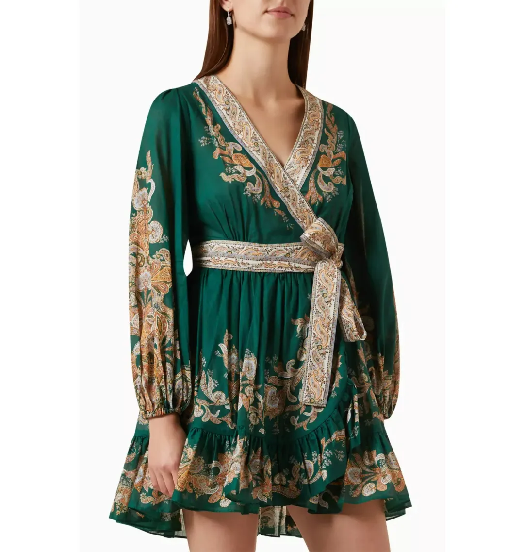Zimmermann Devi Wrap Mini Dress Green Print Size 3 / AU 14 for rent on The Volte - main image