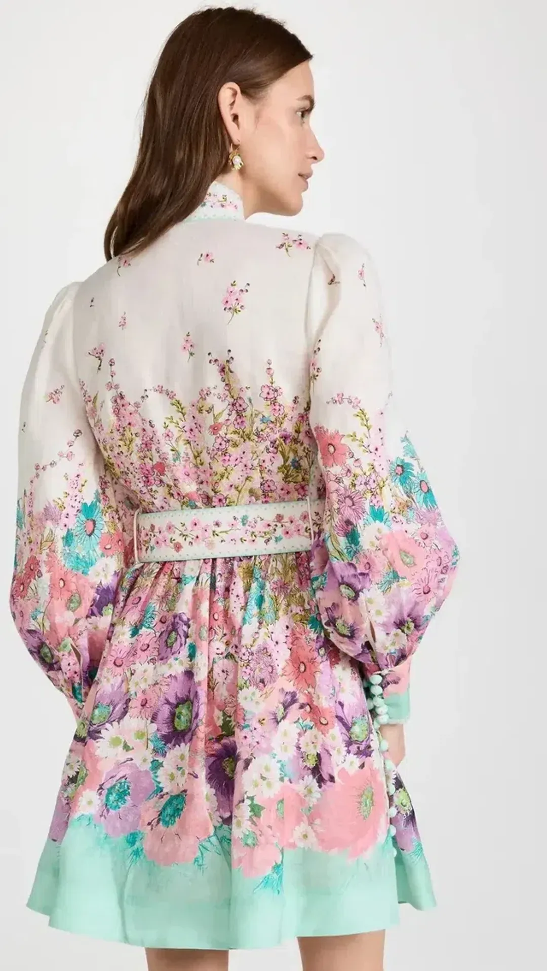 Zimmermann Jude Buttoned Mini Dress In Aqua Gradient Floral Size 3 / Au 14 for rent on The Volte - main image