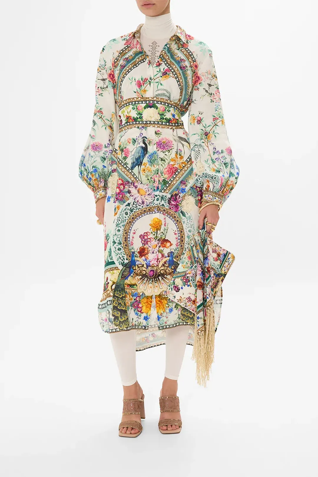 Camilla High Low Midi Linen Shirt Dress Plumes and Parterres Size AU 14 for rent on The Volte - main image