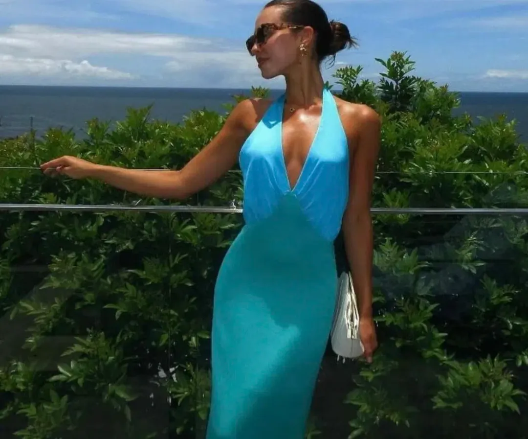 The Wolf Gang Oahu Slip Maxi Dress Aquamarine Blue & Green  Size S / AU 8  for rent on The Volte - main image