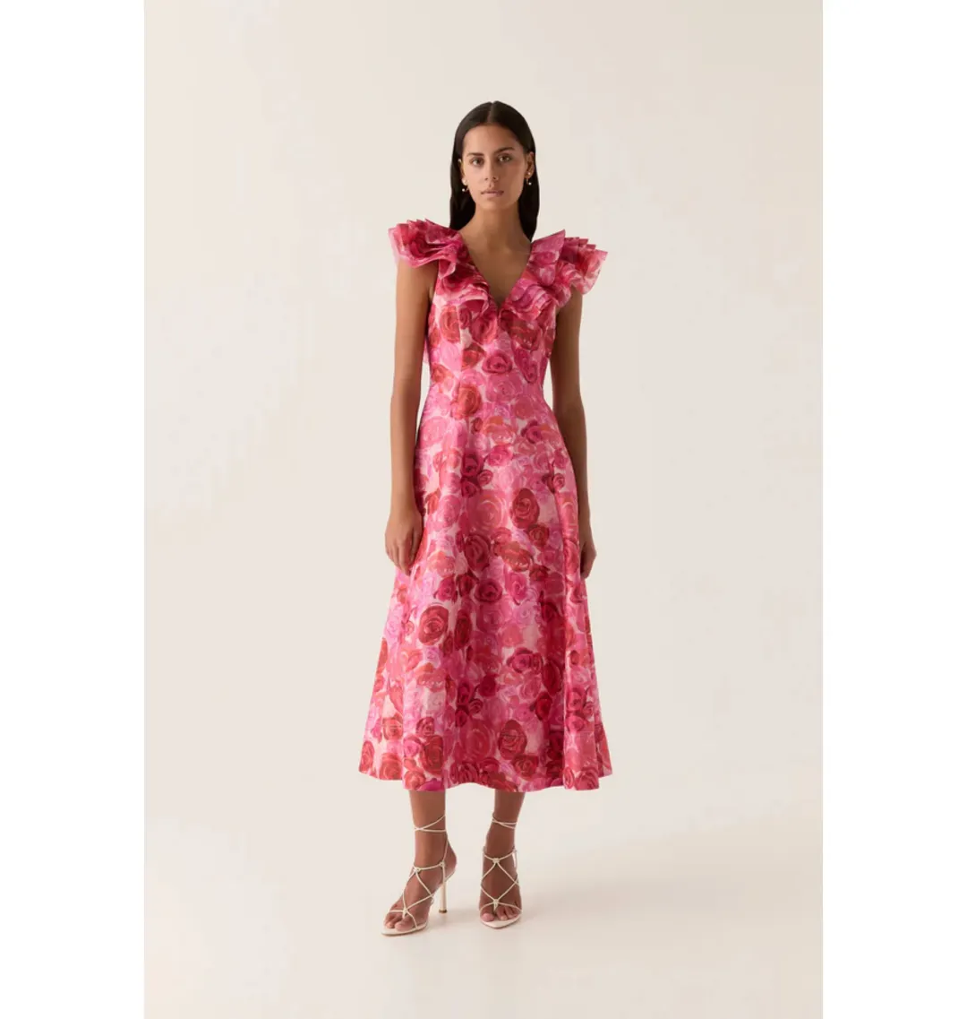 Aje Enchanted Plunge Midi Dress Misty rose Size AU 8 for rent on The Volte - main image