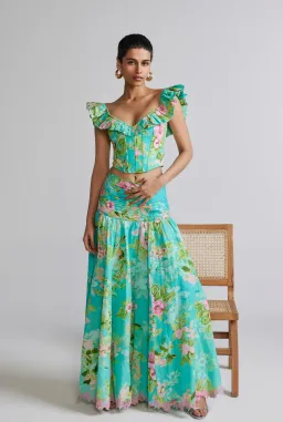 Hemant and Nandita Azra Corset Top and Maxi Skirt Set Green Floral Size 8 for rent on The Volte - image 3