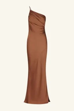 Shona Joy Luxe Asymmetrical Gathered Maxi Dress in Mocha Size 8 for rent on The Volte - image 4