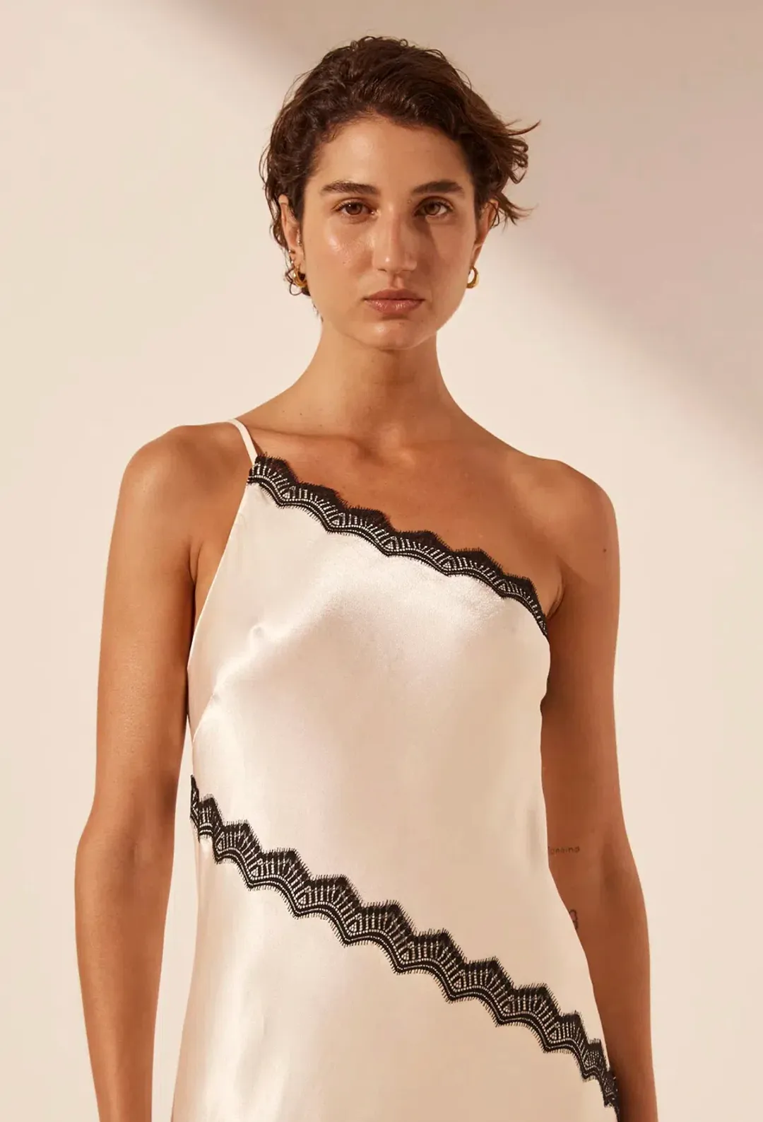 Shona Joy Camille Lace Asymmetrical Maxi Dress in Cream/Black Size 10 for rent on The Volte - main image