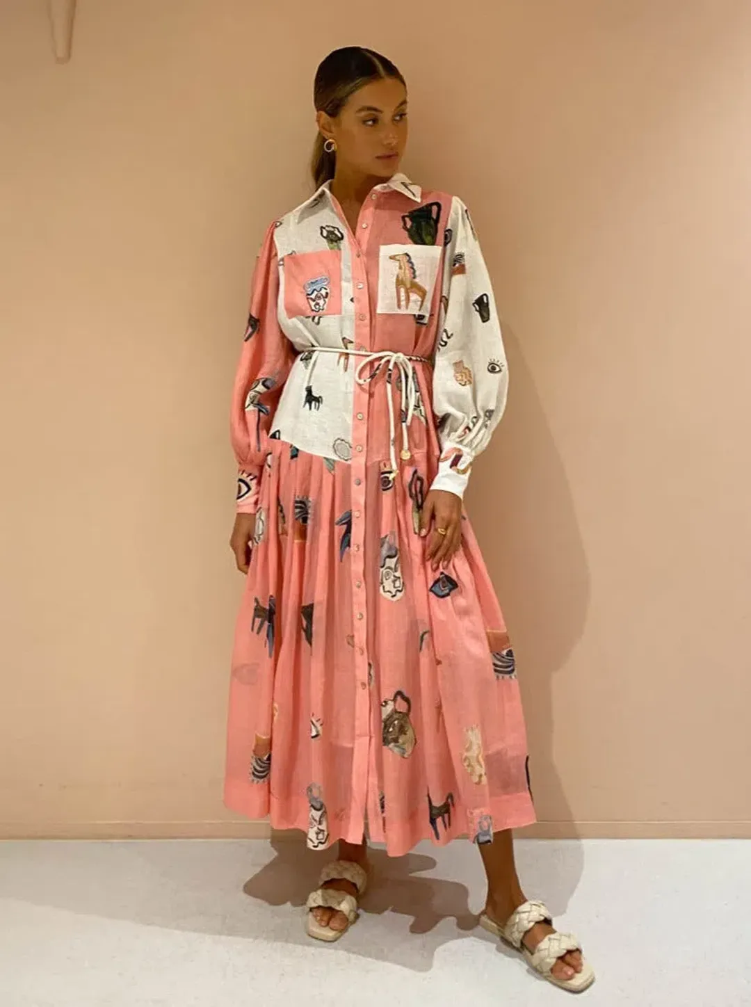 Alemais Cleo Patchwork Shirtdress in Pink Print Size 12 for rent on The Volte - main image
