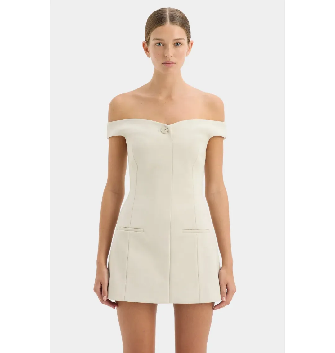 SIR THE LABEL Sandrine Off Shoulder Tailored Mini Dress ECRU Size 0 / AU 6 for rent on The Volte - main image