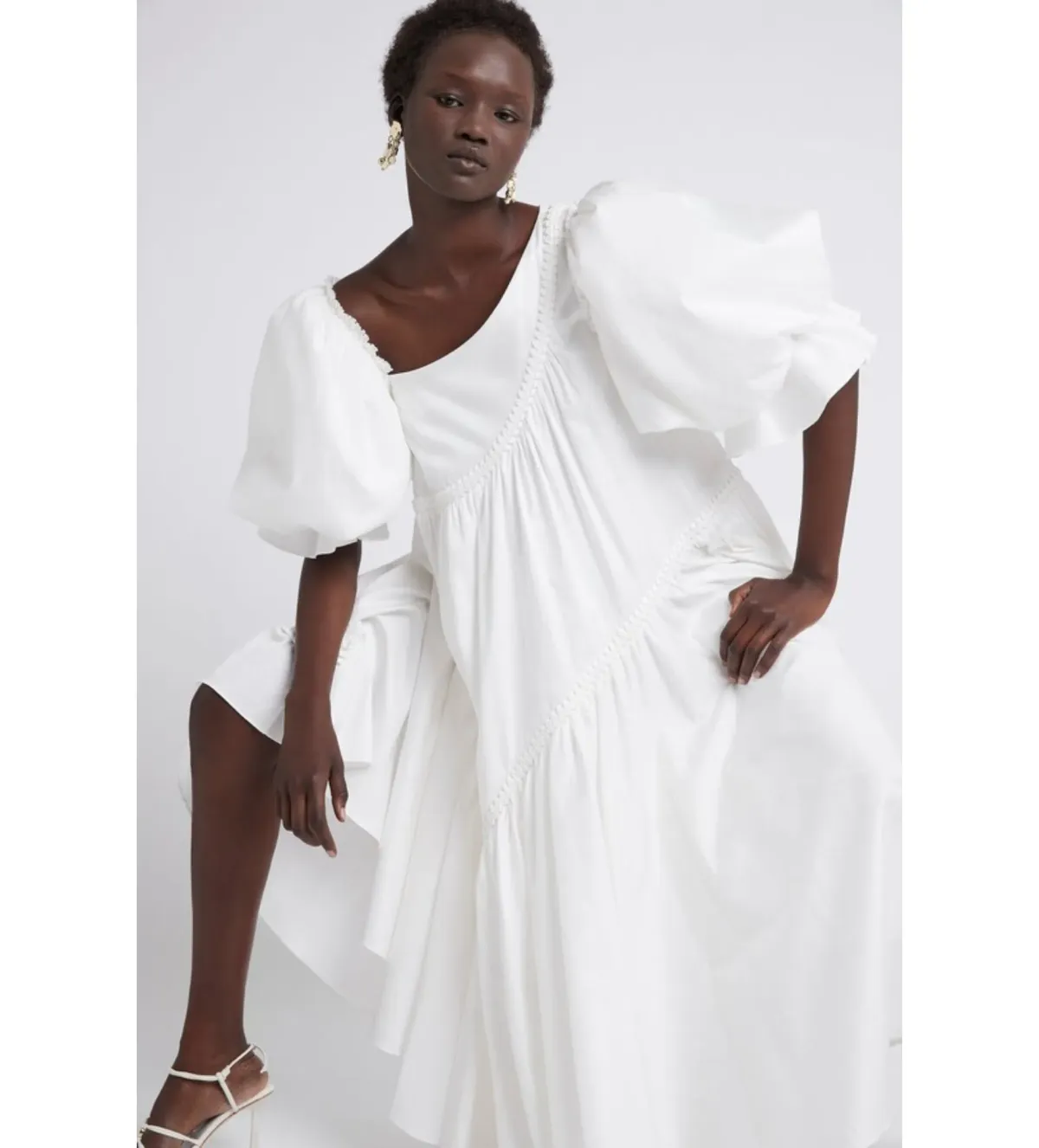 Aje Casabianca Braided Puff sleeve Midi Dress White Size 14  for rent on The Volte - main image