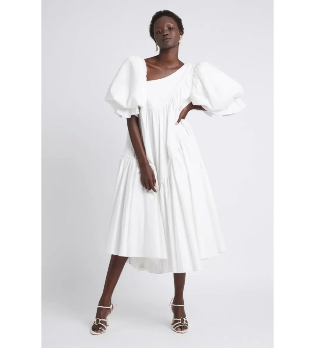 Aje Casabianca Braided Puff sleeve Midi Dress White Size 14  for rent on The Volte - main image