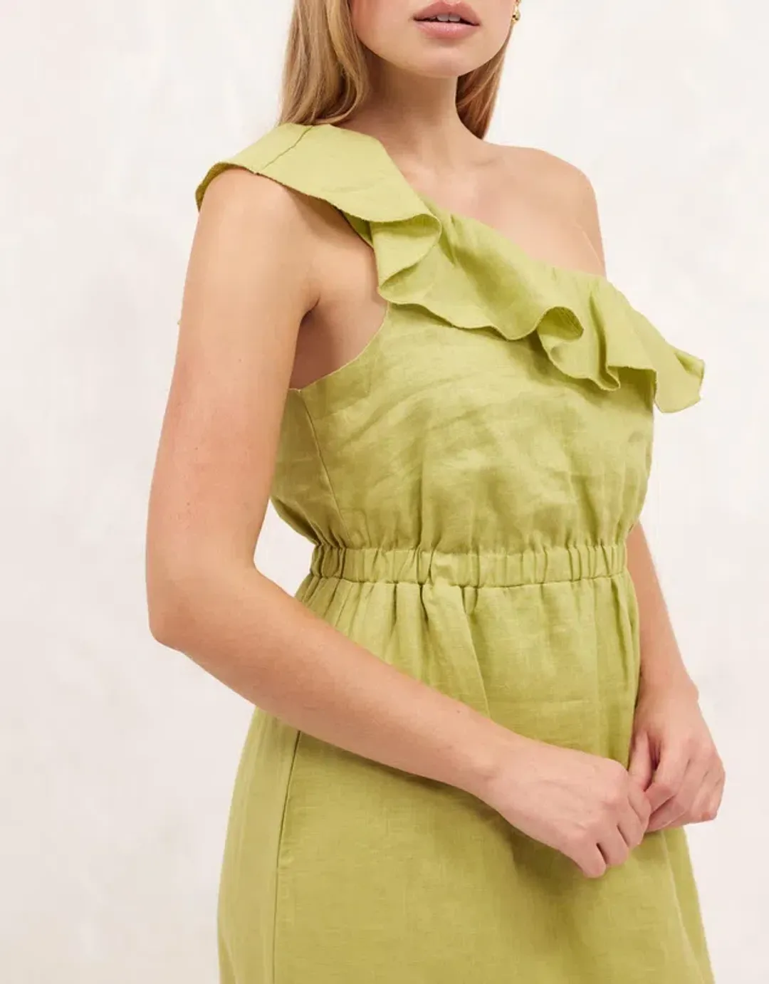 Aere Linen One Shoulder Midi Dress Bay Leaf Green Size 8 for rent on The Volte - main image
