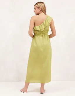 Aere Linen One Shoulder Midi Dress Bay Leaf Green Size 8 for rent on The Volte - image 4