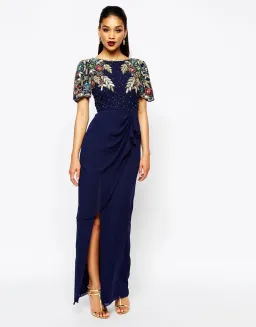 Virgos Lounge Ariann Embellished Maxi Navy Dress With Frill Wrap Skirt Navy Size AU 6 for rent on The Volte - image 1