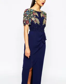 Virgos Lounge Ariann Embellished Maxi Navy Dress With Frill Wrap Skirt Navy Size AU 6 for rent on The Volte - image 3