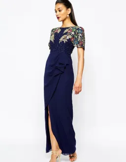Virgos Lounge Ariann Embellished Maxi Navy Dress With Frill Wrap Skirt Navy Size AU 6 for rent on The Volte - image 2