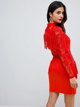 Ultimate Fringe Long Sleeve Lace Red Mini Dress Size 6 for rent on The Volte - image 1