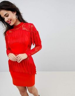 Ultimate Fringe Long Sleeve Lace Red Mini Dress Size 6 for rent on The Volte - image 2
