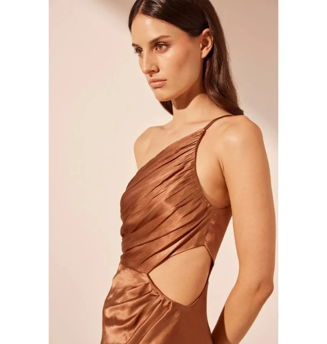 Shona Joy La Lune Asymmetrical Gathered Maxi Dress Almond Size AU 10 for rent on The Volte - main image