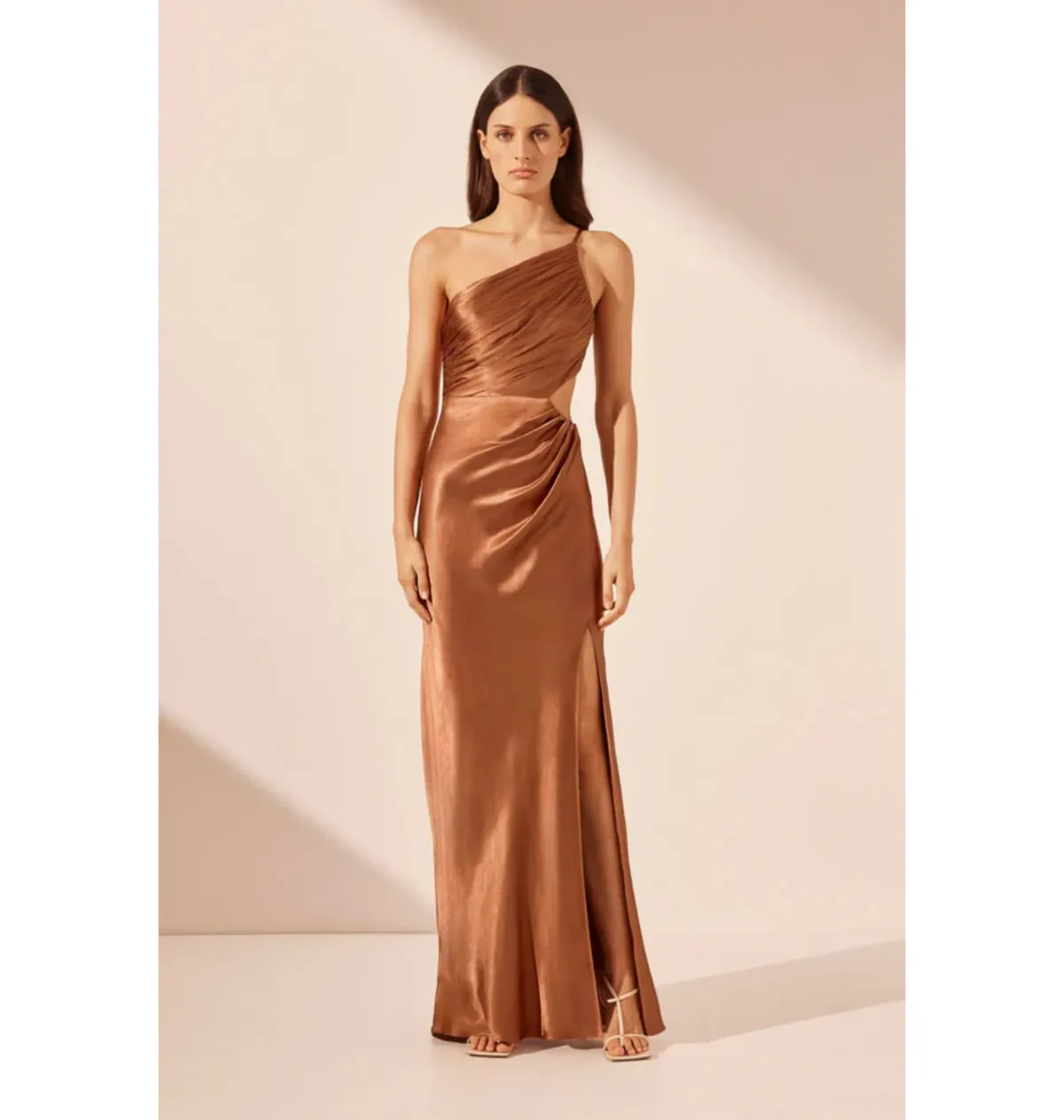 Shona Joy La Lune Asymmetrical Gathered Maxi Dress Almond Size AU 10 for rent on The Volte - main image