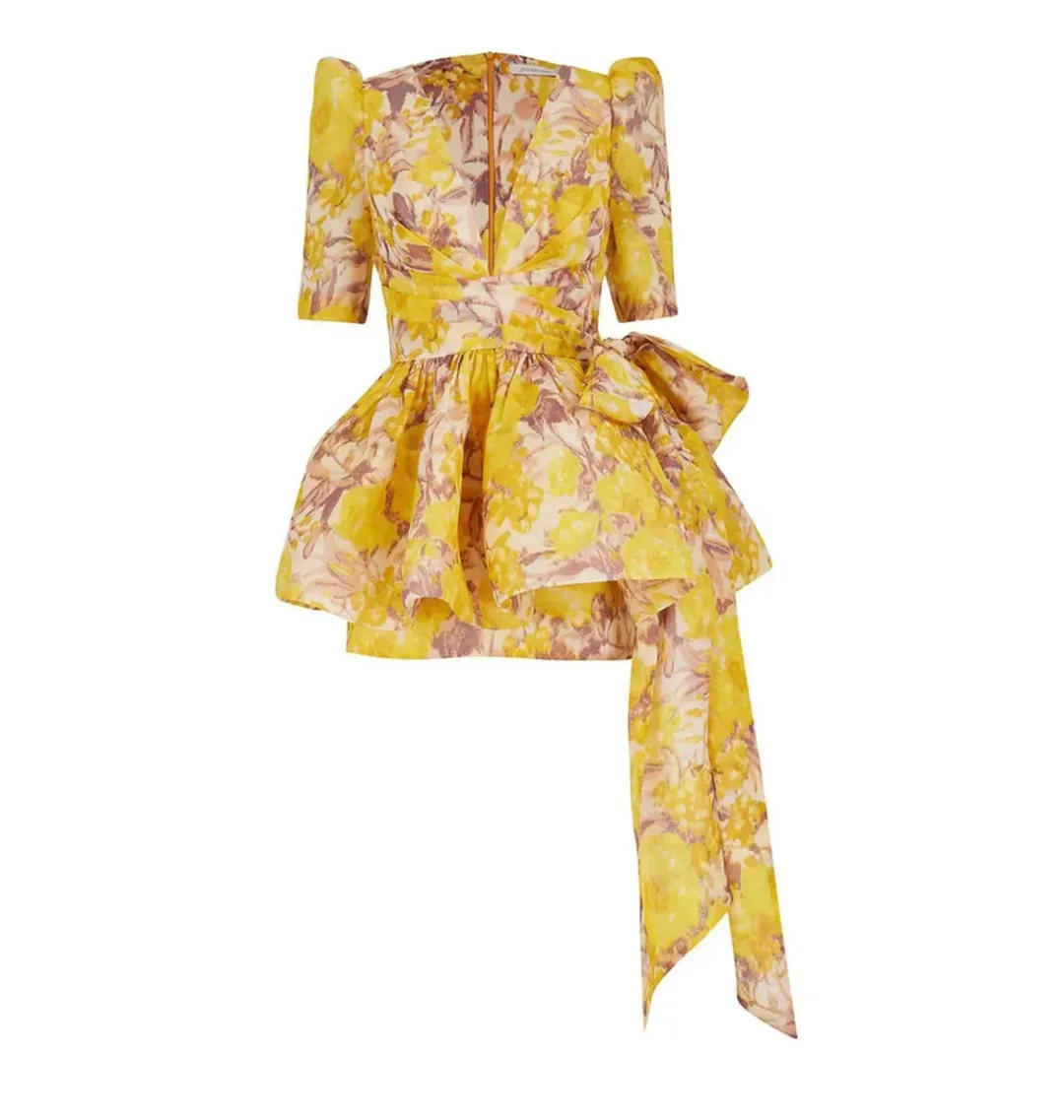 Zimmermann High Tide Peplum Mini Dress in Yellow Ikat Floral Size 2 / AU 12 for rent on The Volte - main image