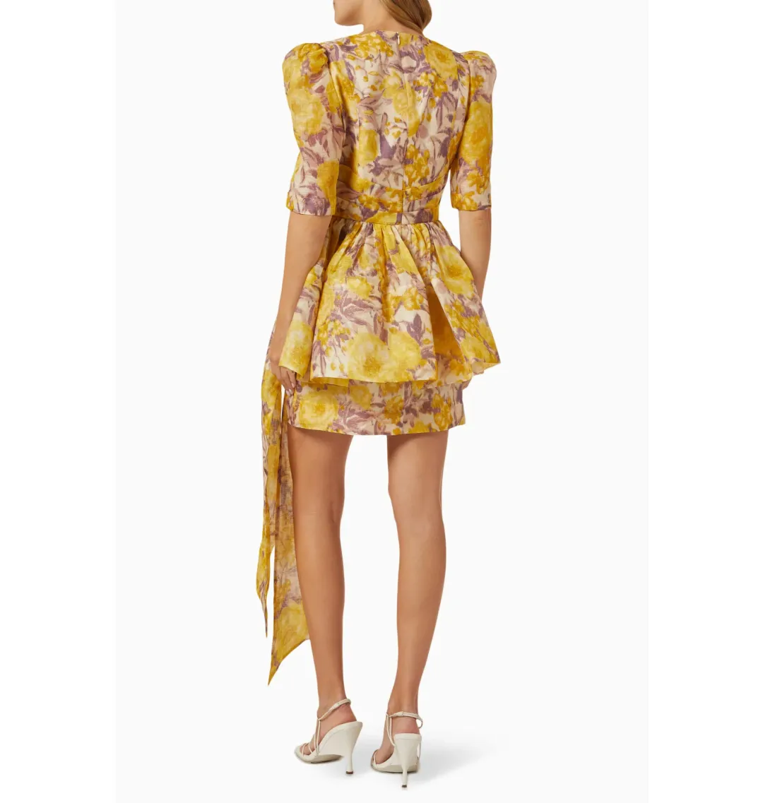 Zimmermann High Tide Peplum Mini Dress in Yellow Ikat Floral Size 2 / AU 12 for rent on The Volte - main image