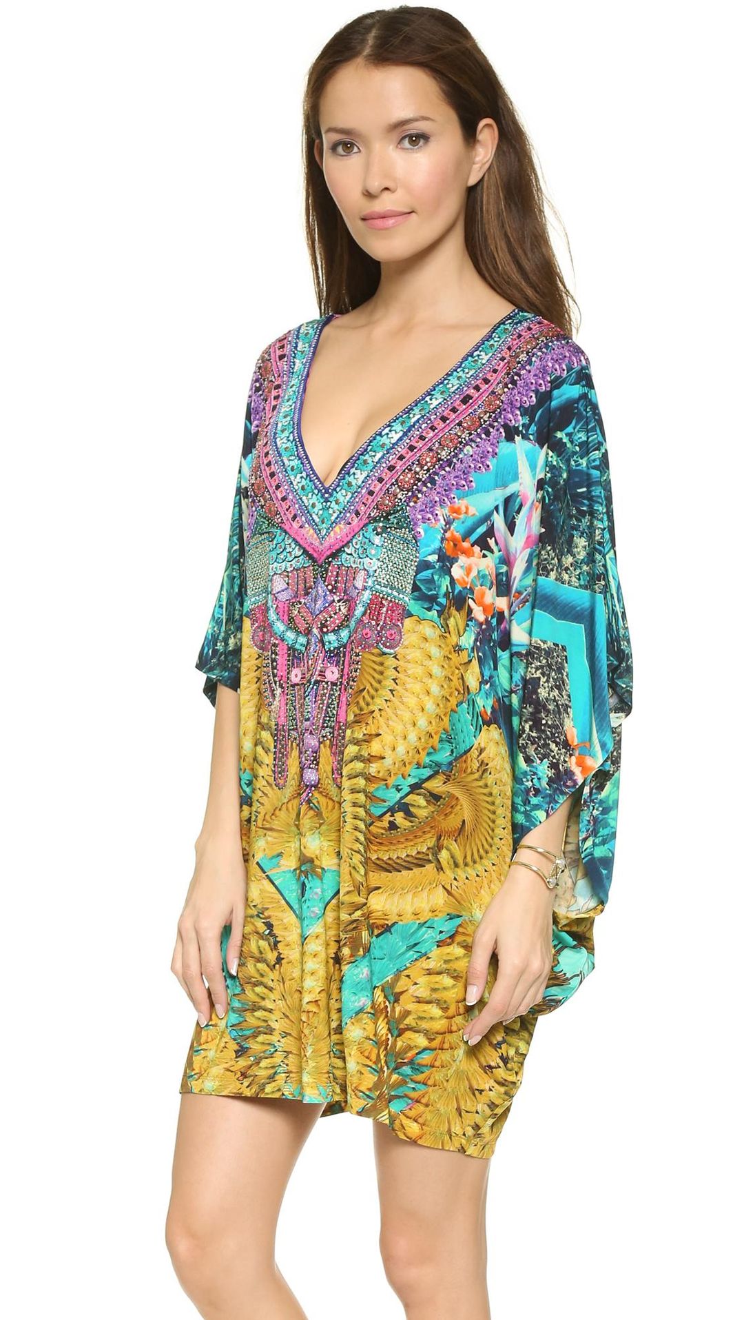 Camilla Batwing Sleeved Cover Up Kaftan Blue & Yellow Size 12 for rent on The Volte - main image