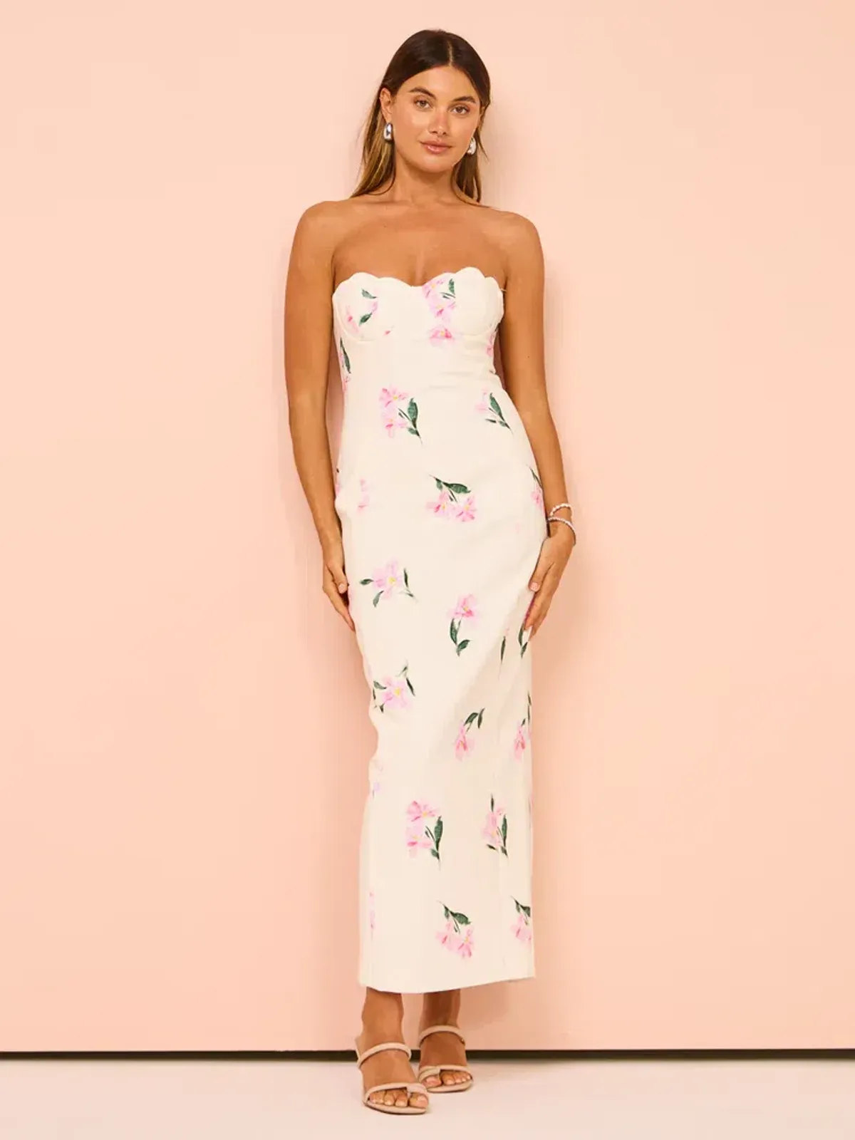 Issy Scalloped Bodice Midi Dress In Rose Print AU 14 for rent on The Volte - main image