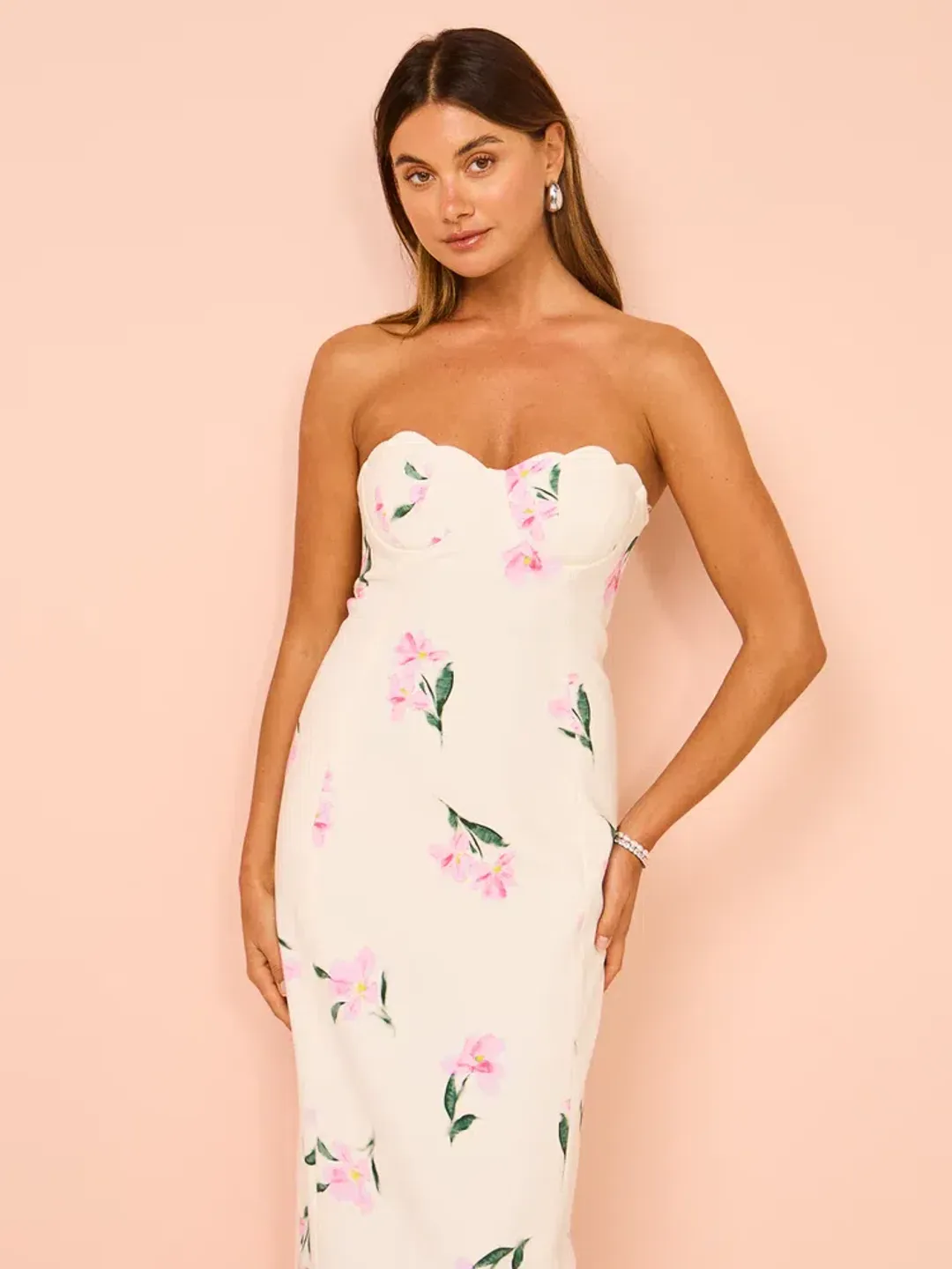Issy Scalloped Bodice Midi Dress In Rose Print AU 14 for rent on The Volte - main image
