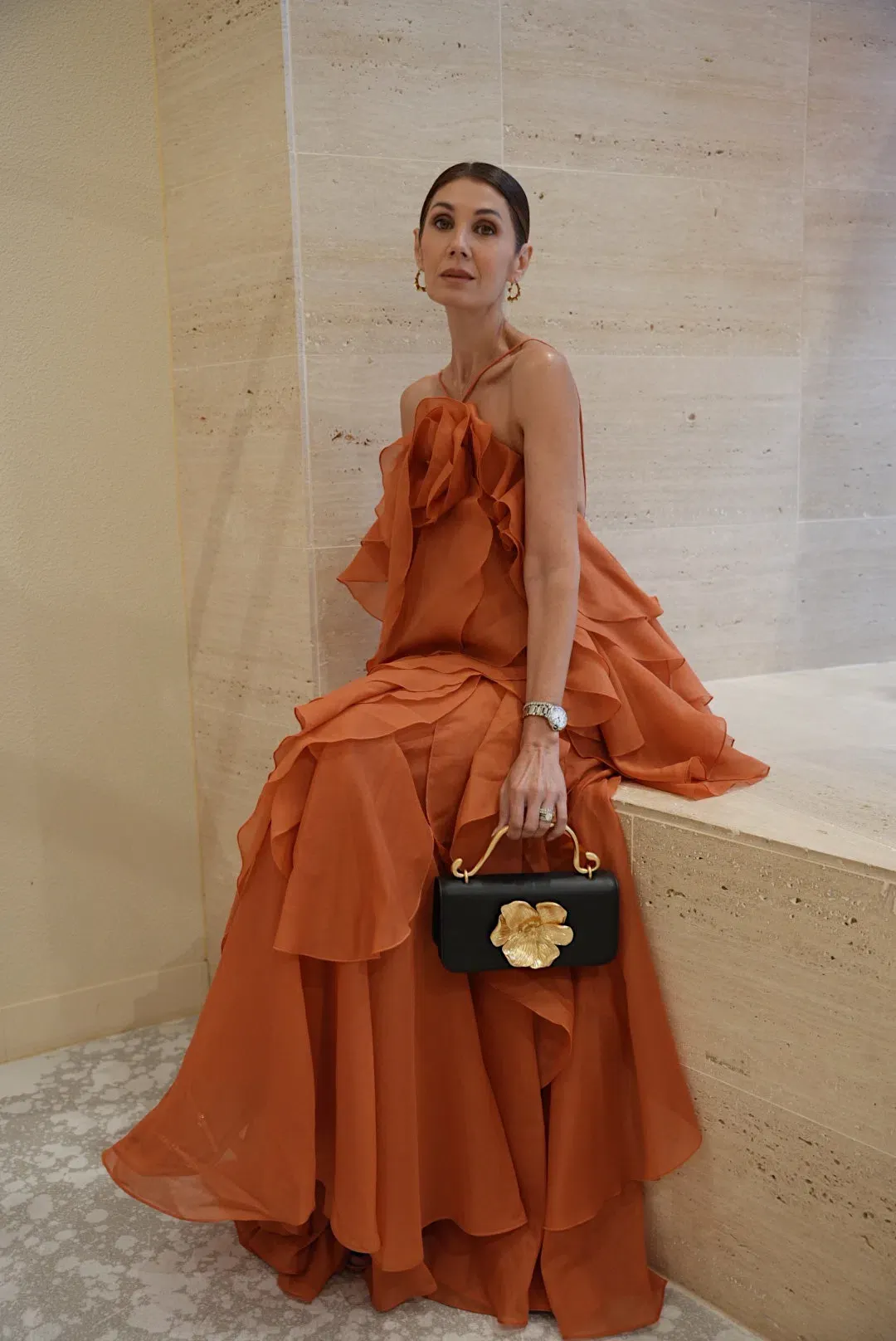 Aje  Pandorea Layered Maxi Dress Coral Clay Size 6  for rent on The Volte - main image