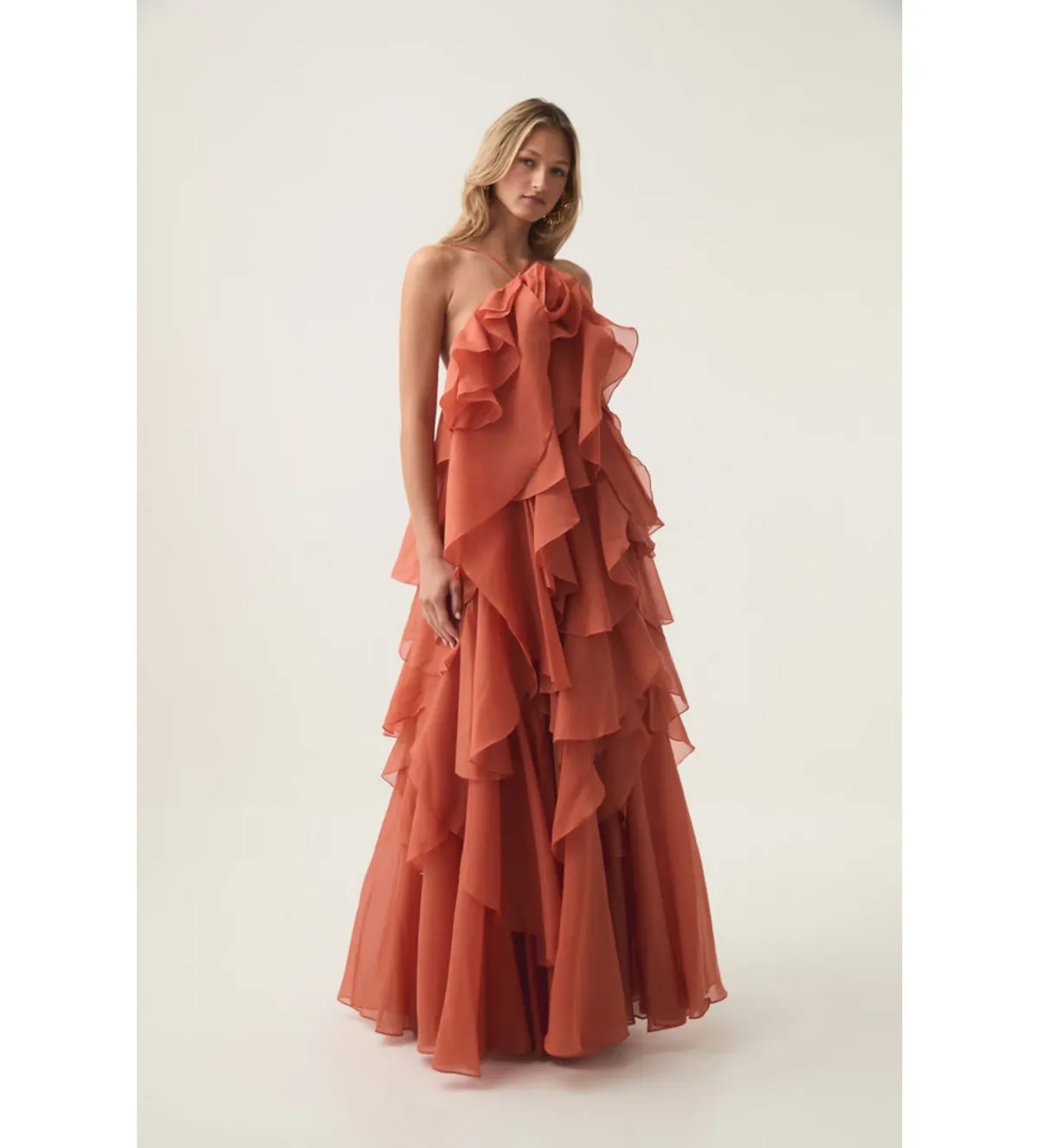 Aje  Pandorea Layered Maxi Dress Coral Clay Size 6  for rent on The Volte - main image