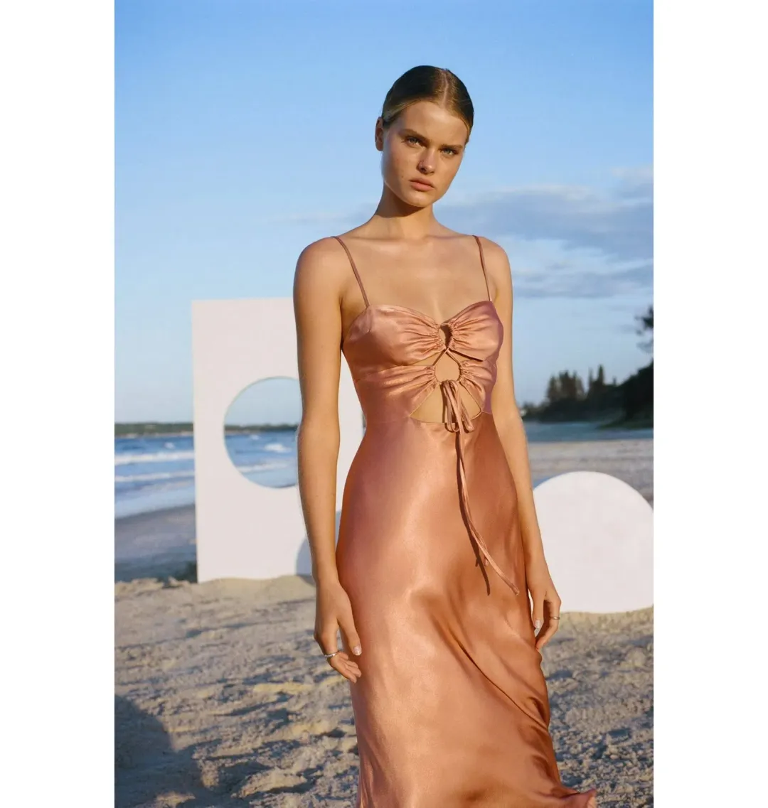 Shona Joy Eloise Lace Up Midi Dress Antique Rose Size AU 6 for rent on The Volte - main image