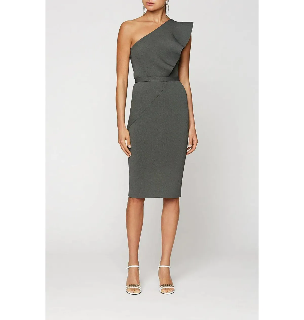 Scanlan Theodore Crepe Knit One Shoulder Ruffle Midi Dress Khaki Size XS / AU 6  for rent on The Volte - main image