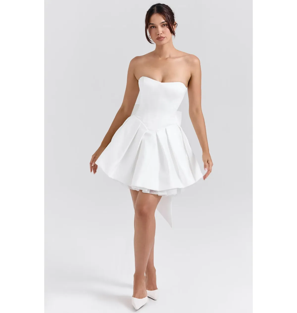 House of CB Noele Satin Strapless Bow Mini Gown White Size XS / AU 6 for rent on The Volte - main image