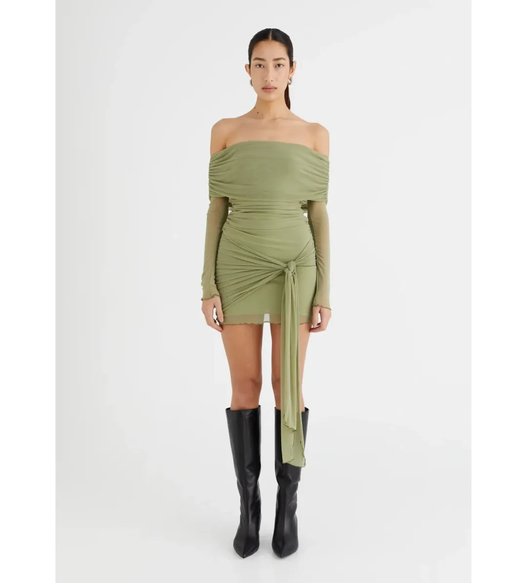 Benni Yasmin Off Shoulder Mini Dress in Pistachio Size 8 for rent on The Volte - main image