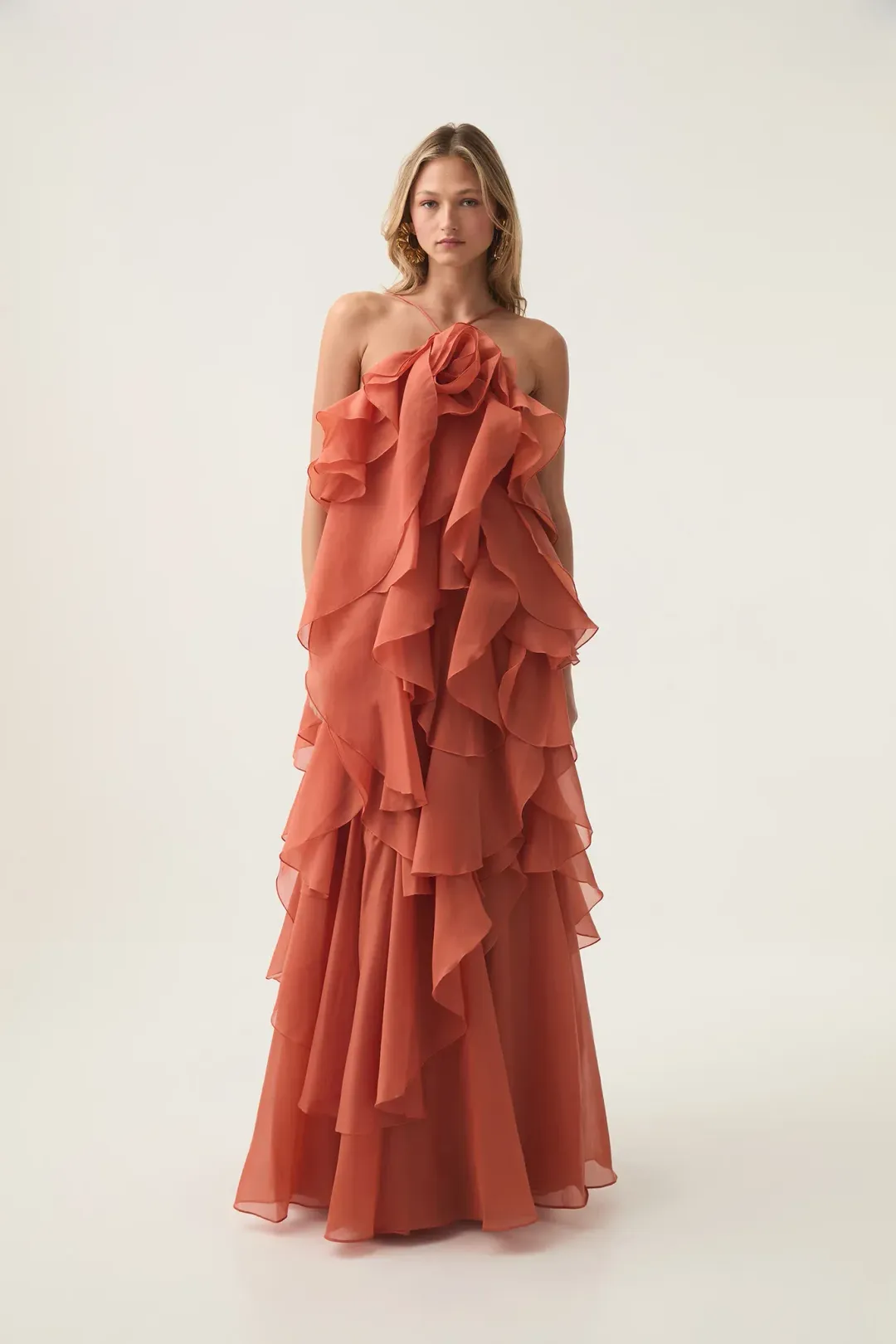 Aje Pandorea Layered Maxi Dress Coral Clay Size AU 12  for rent on The Volte - main image