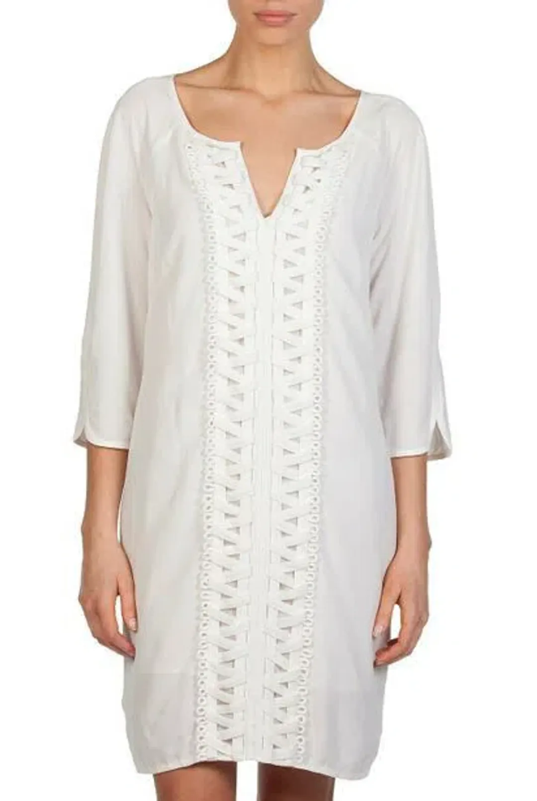 Country Road Lattice Trim 3/4 Sleeve Kaftan Shift Dress White Size 10 for rent on The Volte - main image