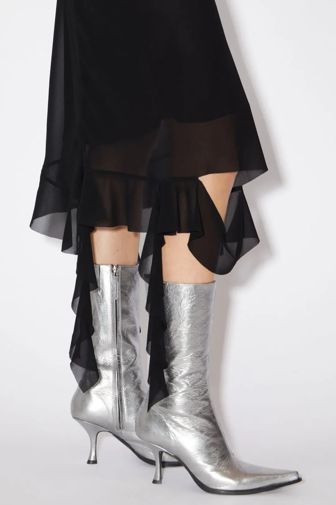 Acne Studios Asymmetrical Ruffled Midi Strap Dress in Black Size 10 for rent on The Volte - main image