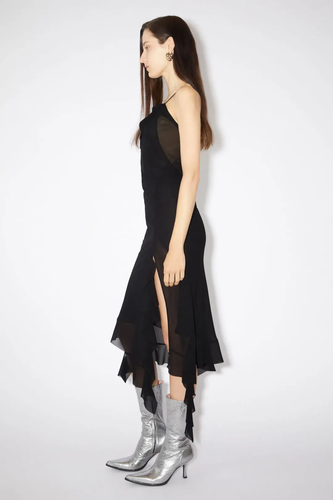 Acne Studios Asymmetrical Ruffled Midi Strap Dress in Black Size 10 for rent on The Volte - main image