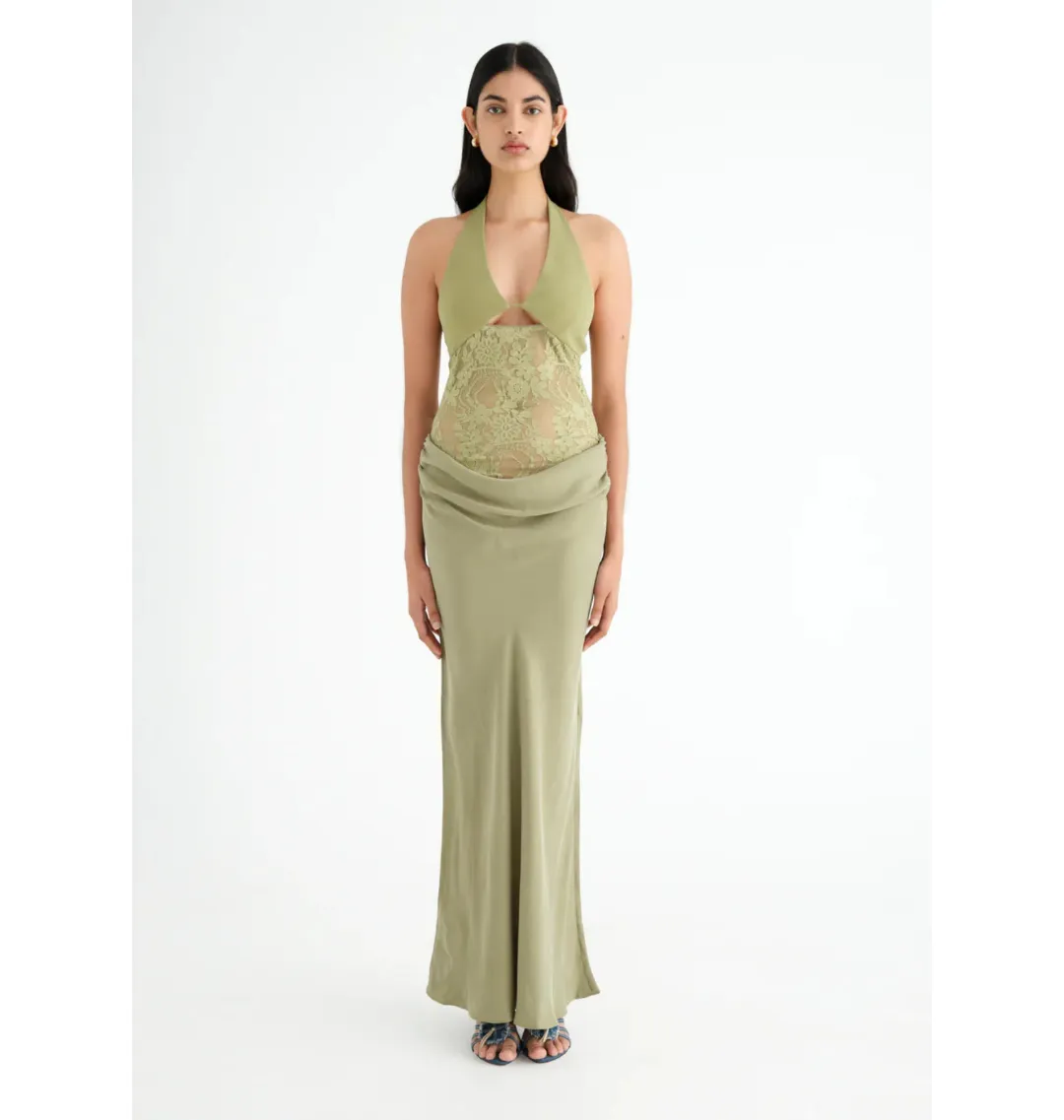 Benni Miko Lace Halter Midi Dress Pear Size AU 8 for rent on The Volte - main image