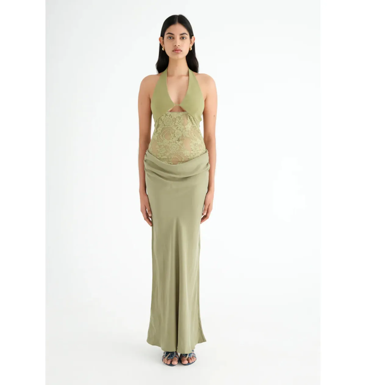Benni Miko Lace Halter Midi Dress Pear Size AU 8 for rent on The Volte - main image