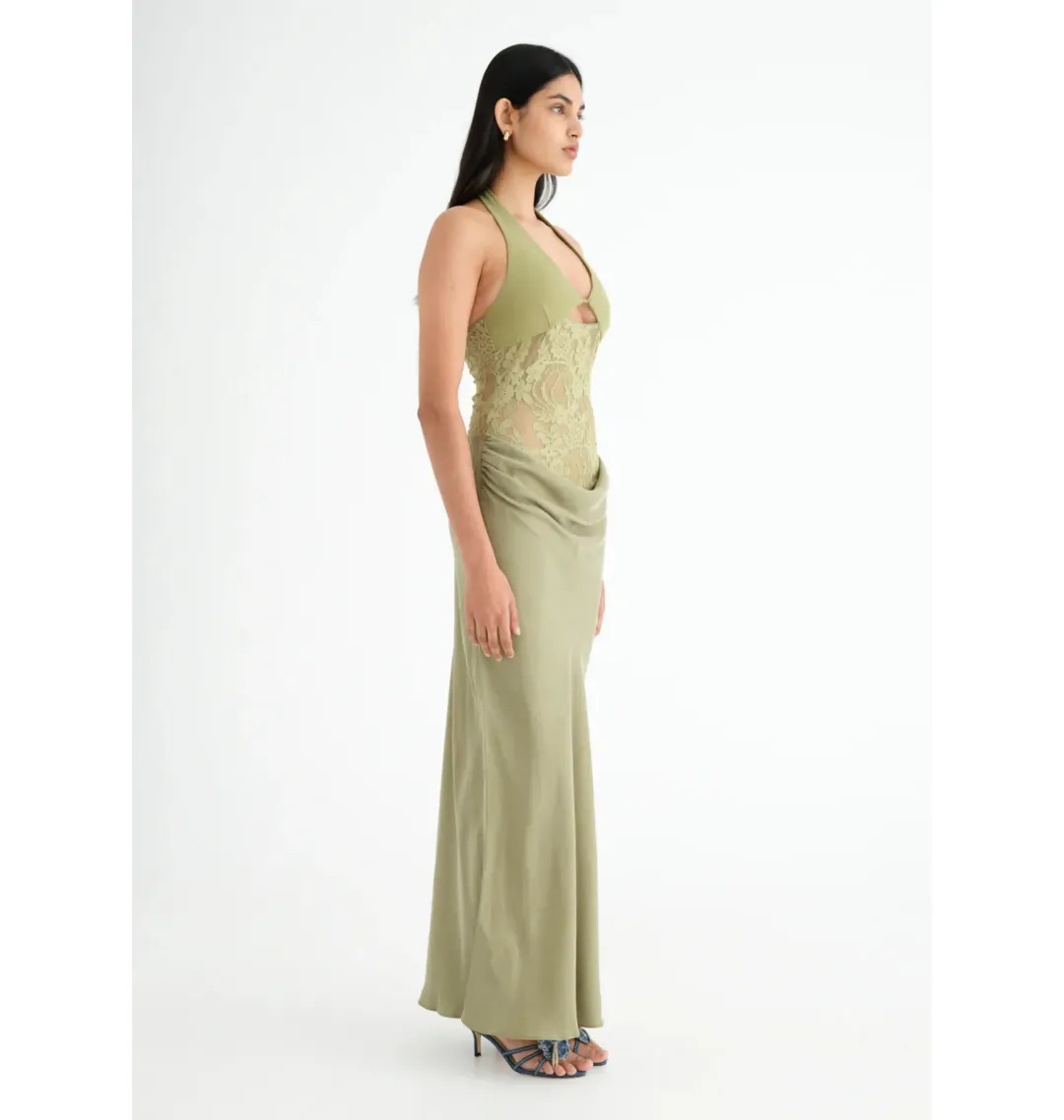 Benni Miko Lace Halter Midi Dress Pear Size AU 8 for rent on The Volte - main image
