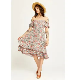 Arnhem Juliette Shirred Midi Dress in Ivory Rose Size AU 8  for rent on The Volte - image 1