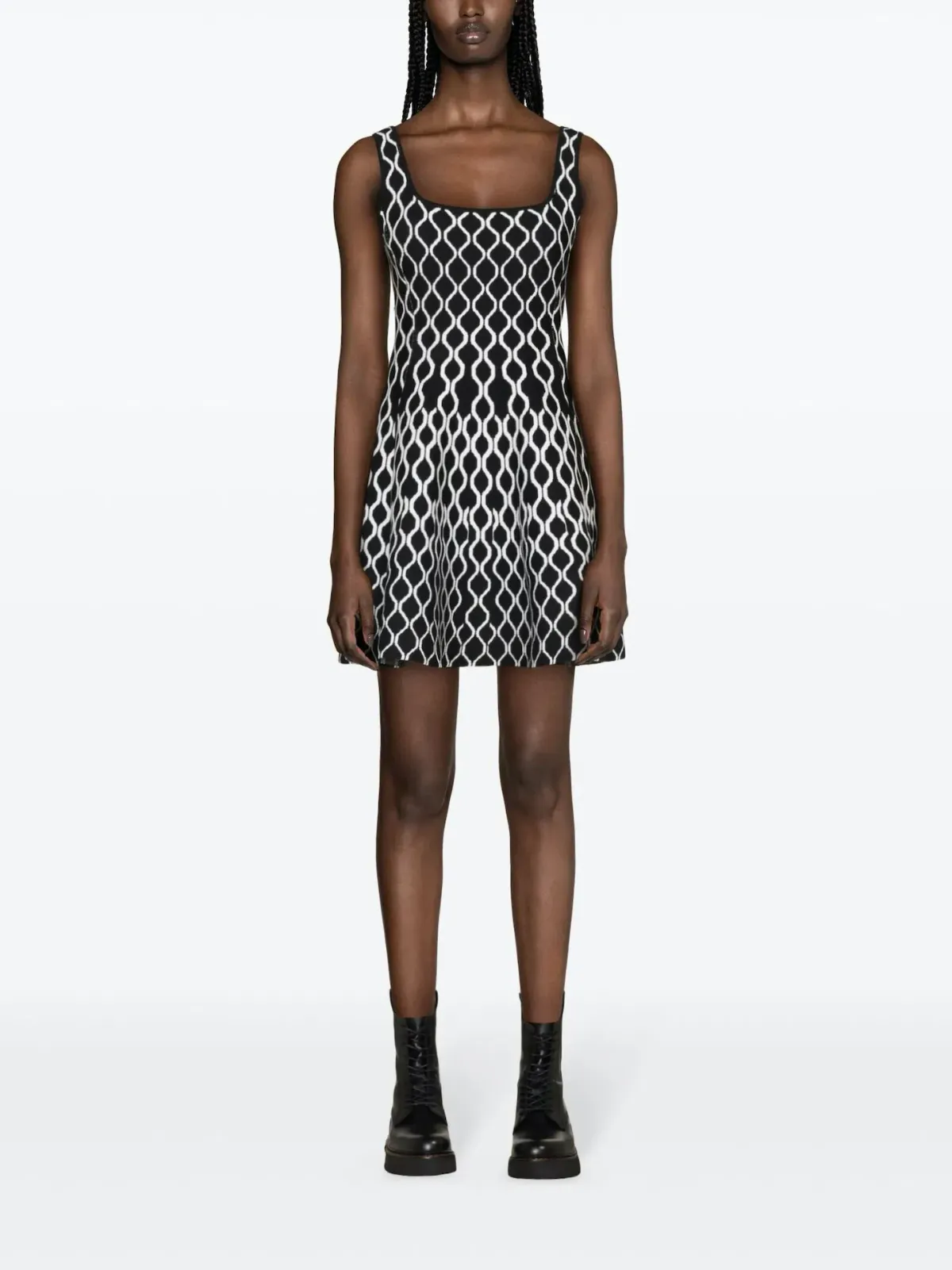 Maje Pattern Jacquard Flared Mini Dress Black/White Size 8 for rent on The Volte - main image