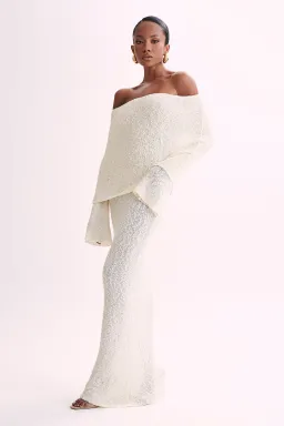 Meshki Marisol Off Shoulder Boucle Maxi Dress Ivory Size 10 for rent on The Volte - image 1