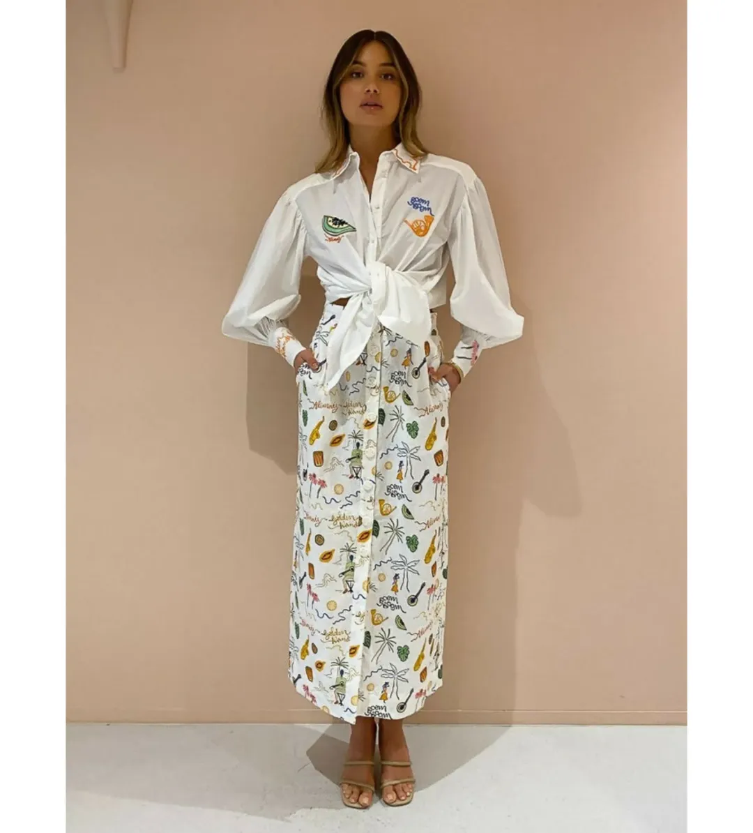 Alemais Golden Hands Shirt and Tube Skirt Set Print Size 14 for rent on The Volte - main image
