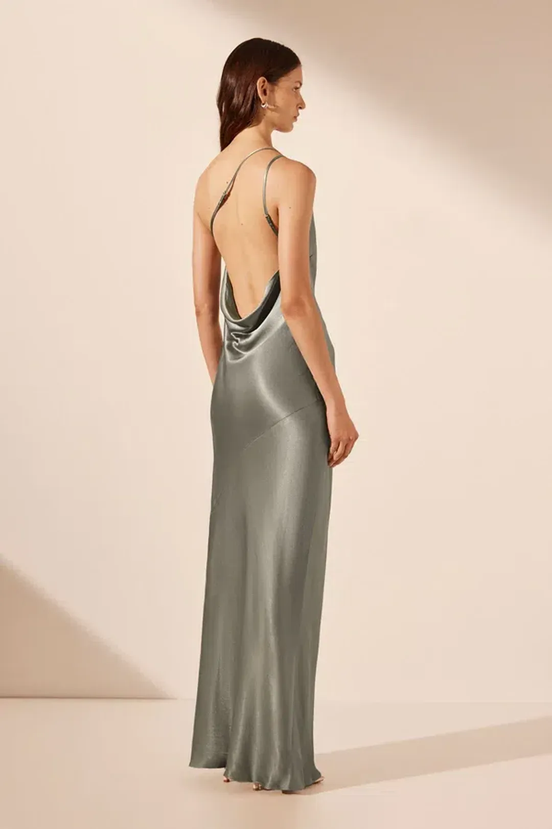 Shona Joy La Lune One Shoulder Cowl Back Maxi Dress Sage Green Size S / AU 8 for rent on The Volte - main image