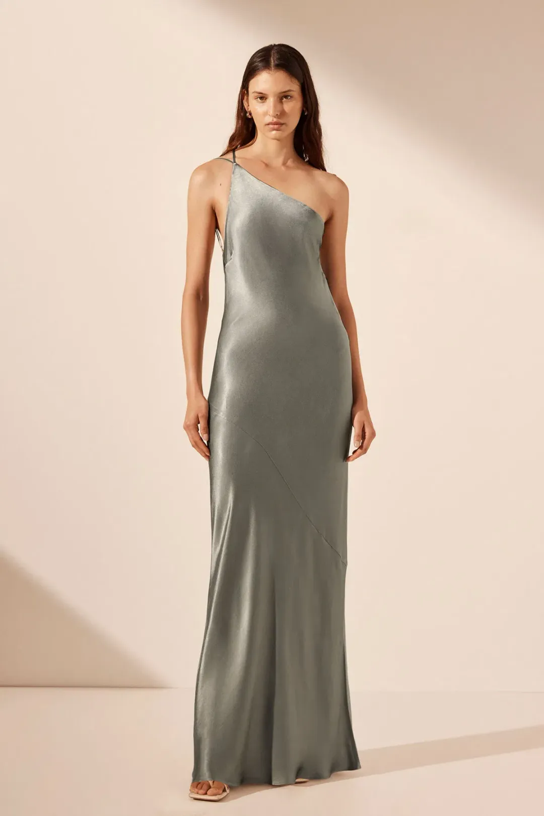 Shona Joy La Lune One Shoulder Cowl Back Maxi Dress Sage Green Size S / AU 8 for rent on The Volte - main image